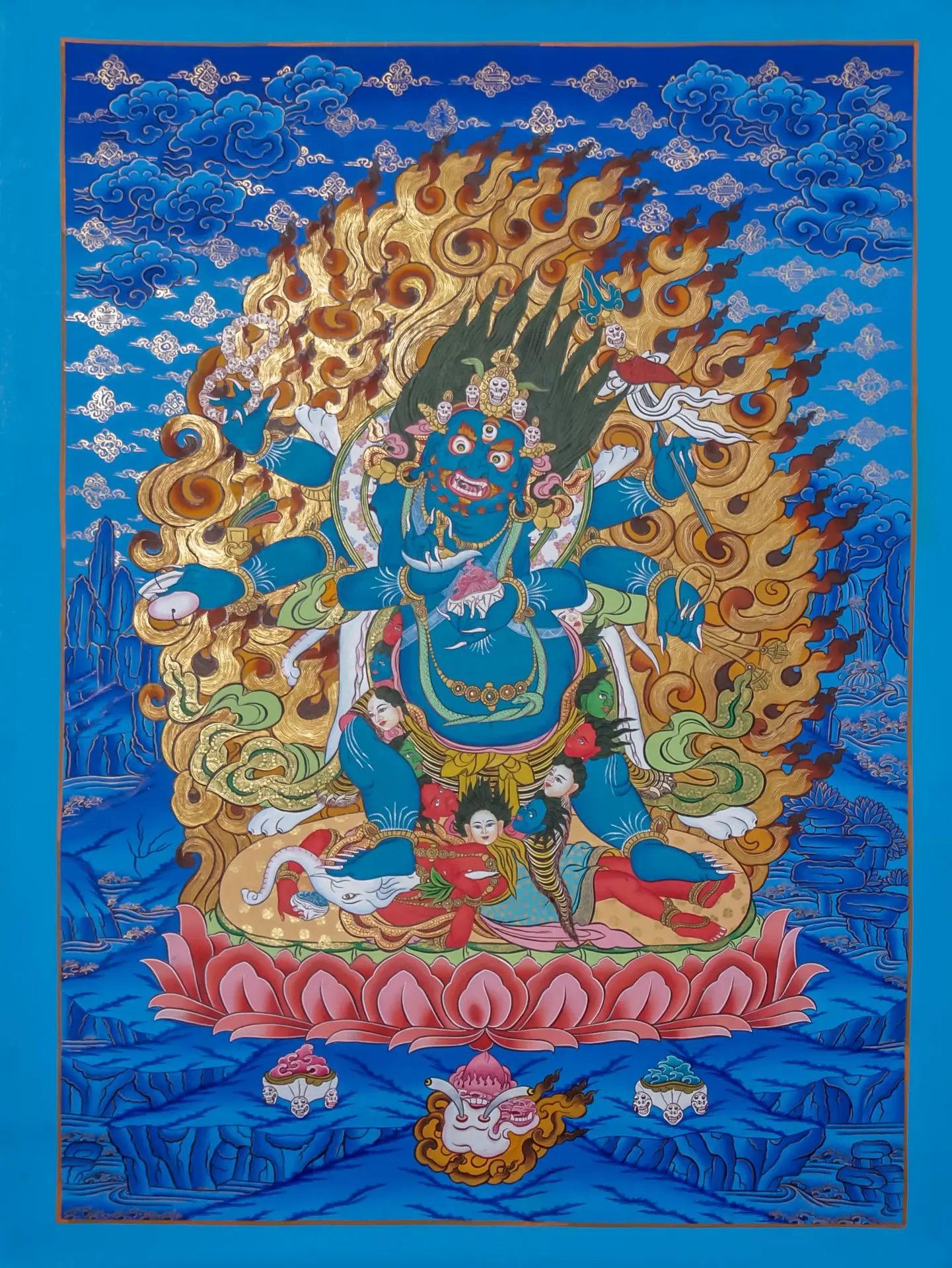 Six-Armed Mahakala Thangka – Blue Sky with Golden Symbols – Fierce Protection