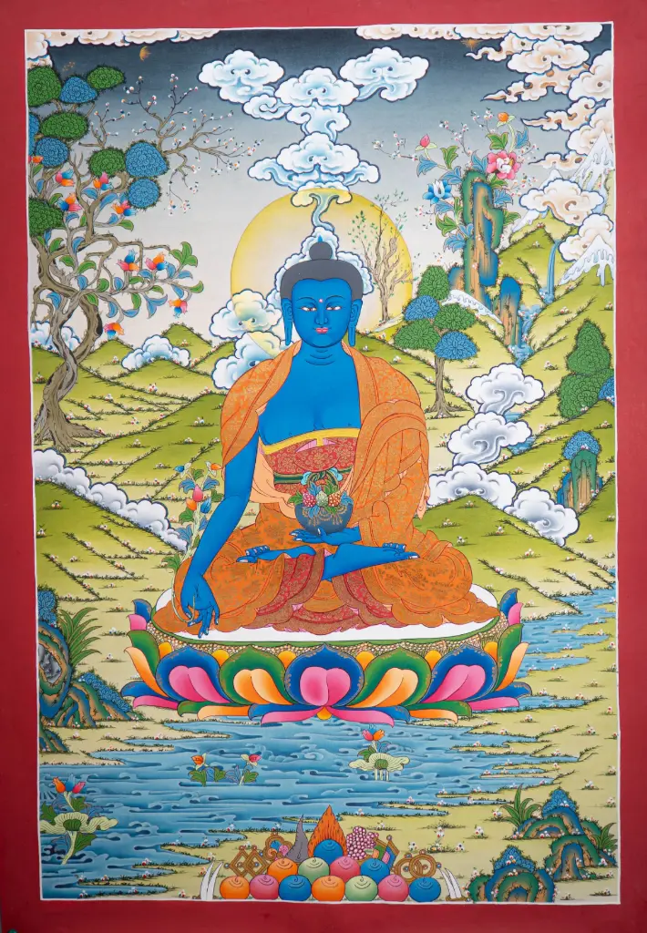 Medicine Buddha Thangka – 24K Gold Detail – Radiance of Lapis Light