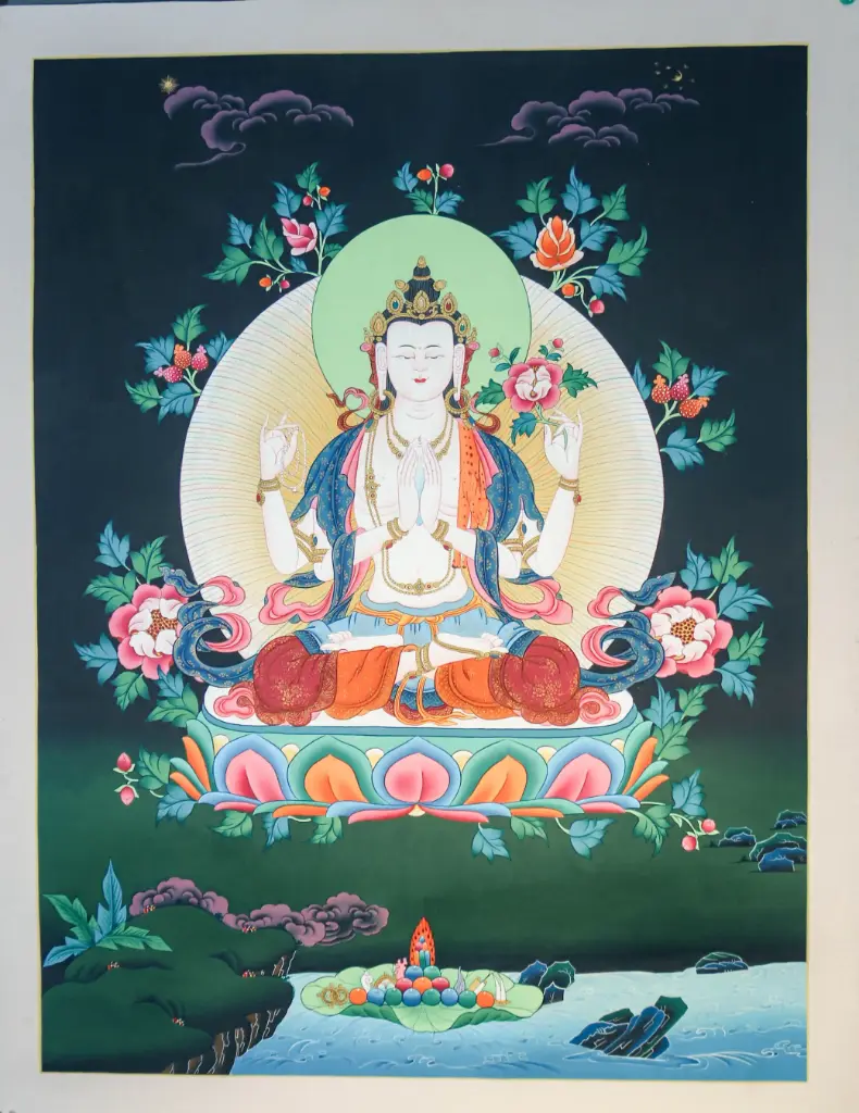 Chenrezig Thangka – Nagthang Floral Style – Radiance of Pure Compassion