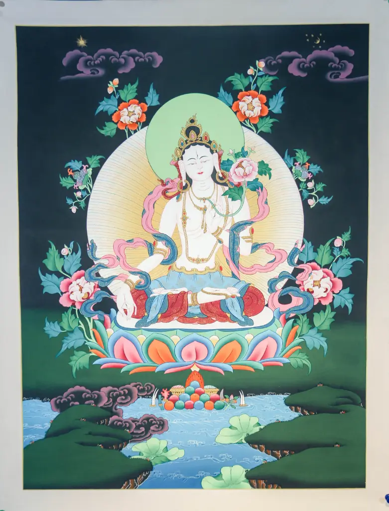 White Tara Thangka – Menri Style Landscape