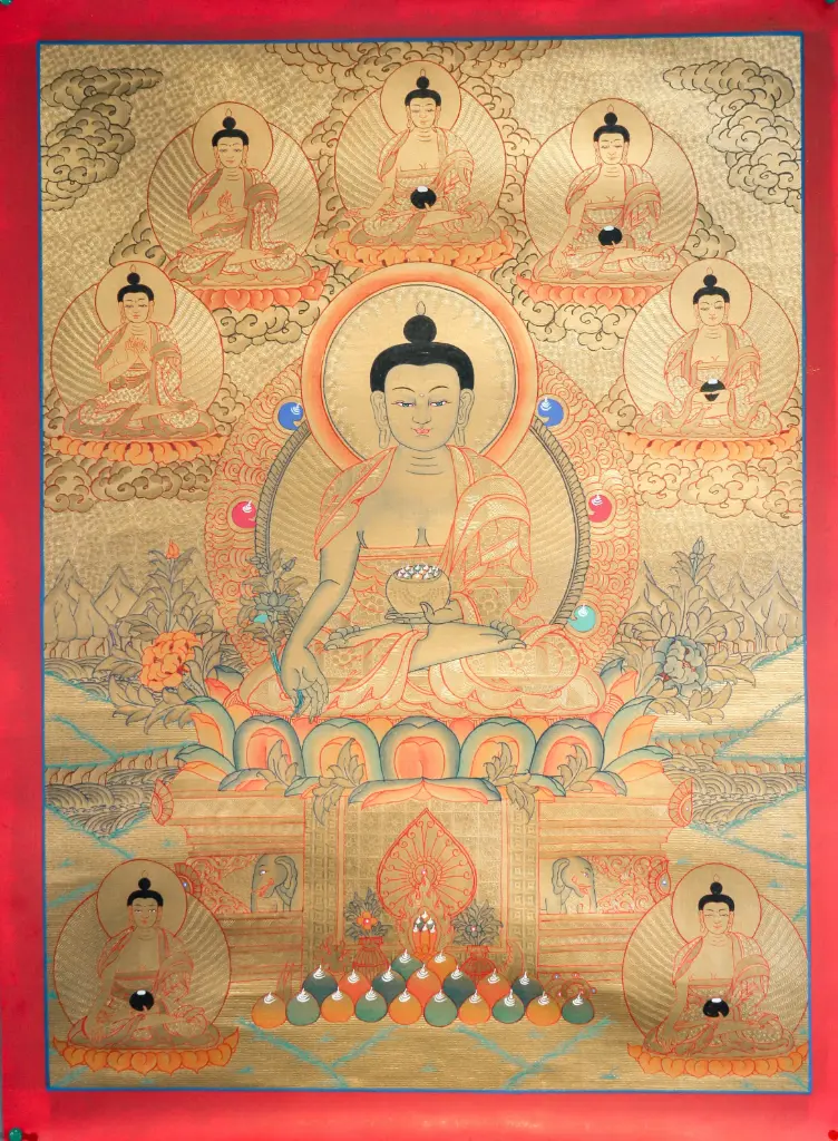 8 Medicine Buddhas Thangka – Golden Serthang – Ultimate Healing Assembly