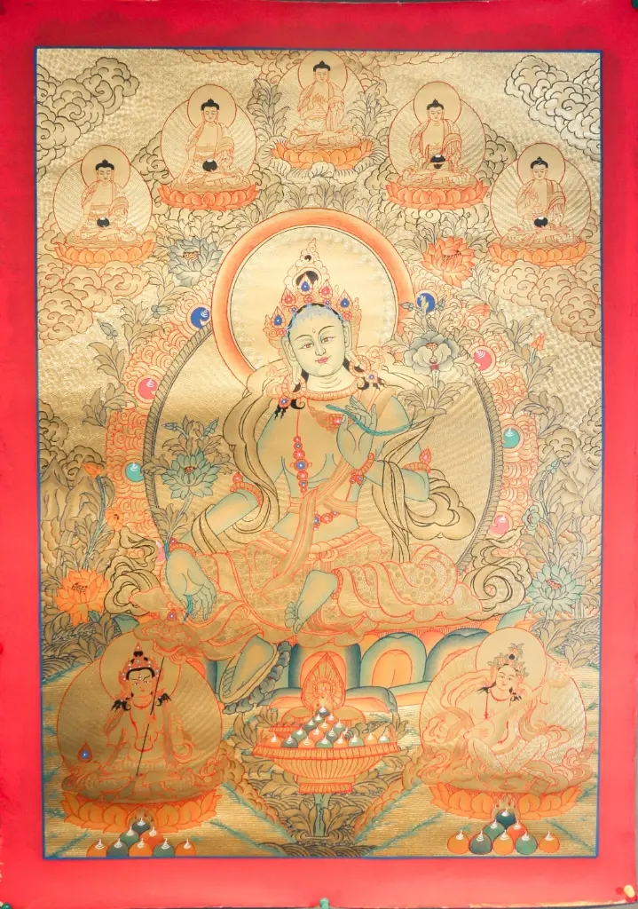 Green Tara Thangka – Five Dhyani Assembly