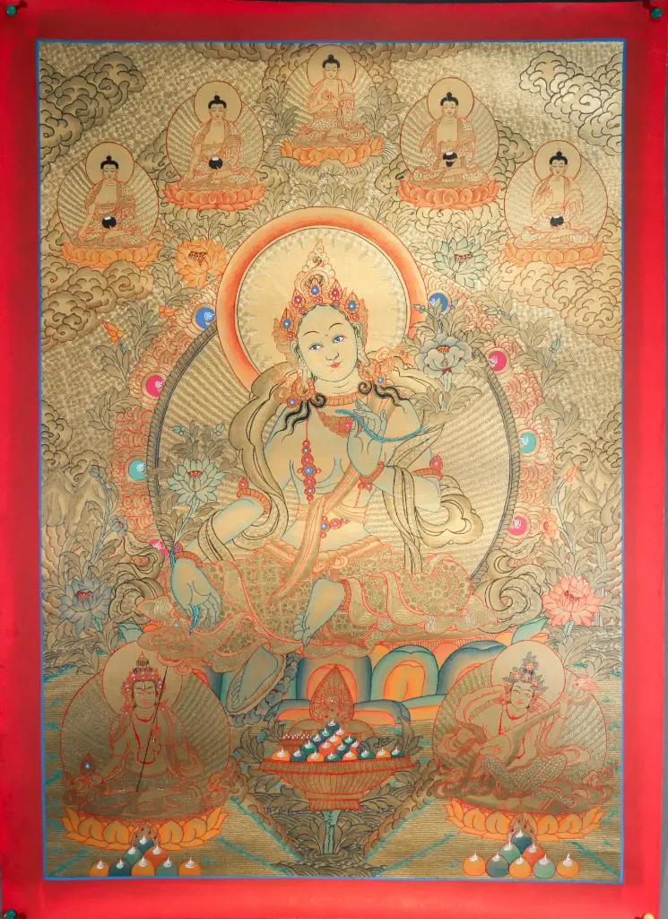 Green Tara Thangka – Five Dhyani Assembly