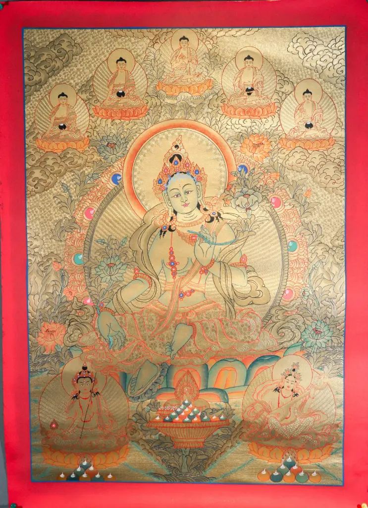Green Tara Thangka – Five Dhyani Assembly