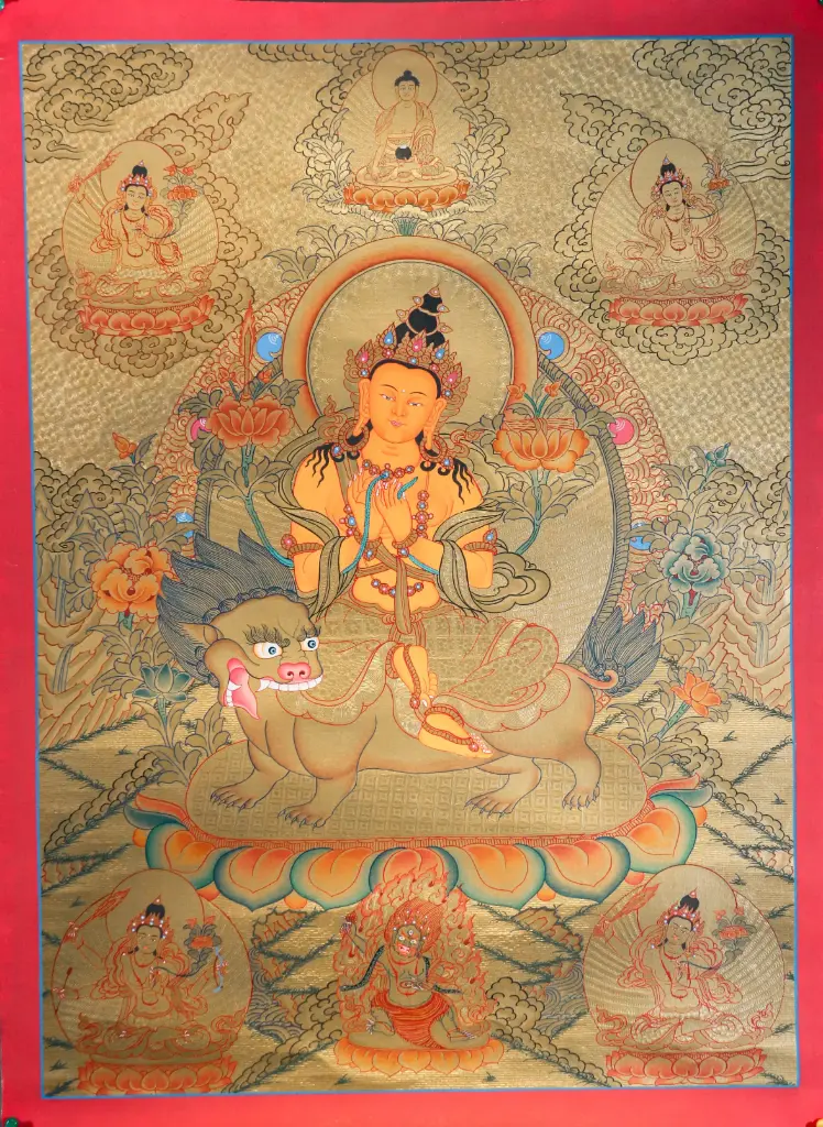Manjushri on Lion Thangka (Five‑Fold Gold Serthang)