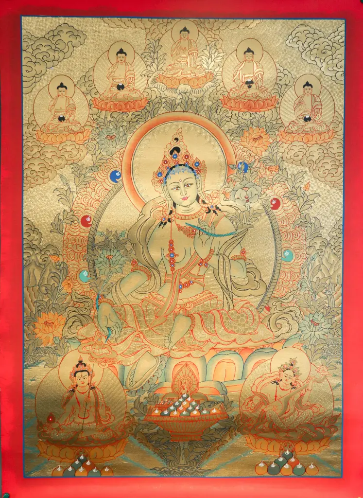 Green Tara Thangka – Five Dhyani Assembly