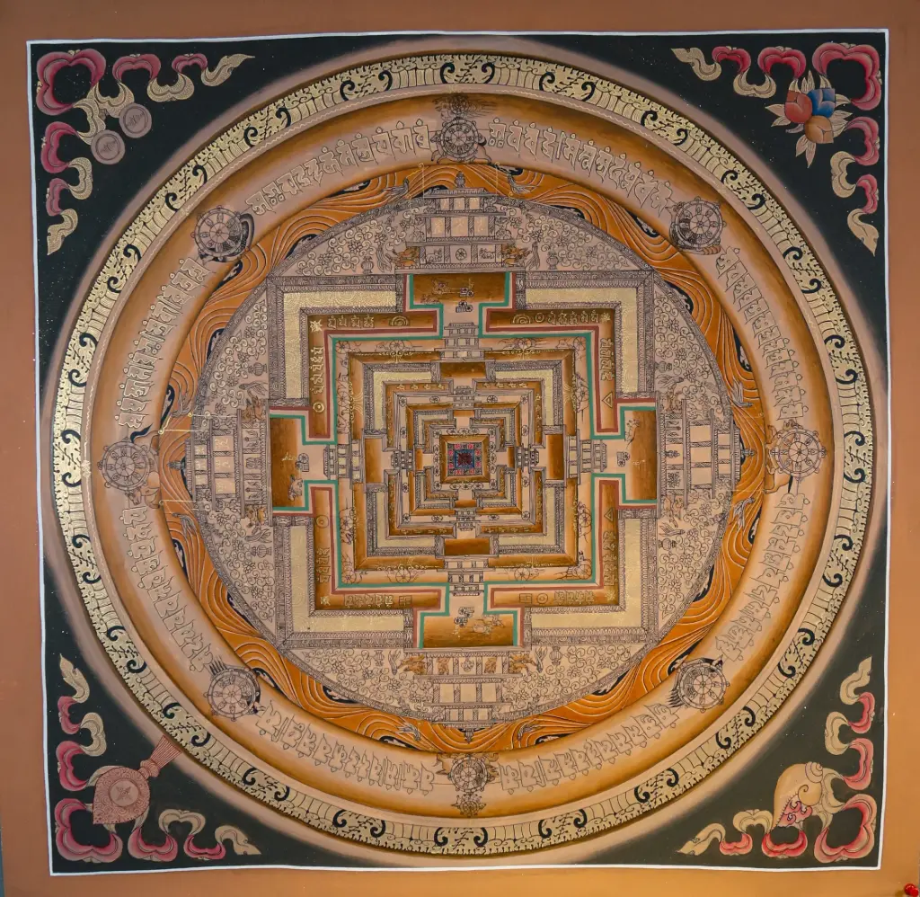 Brown Kalachakra Mandala Thangka — Sacred Palace of Time on Black Ground 