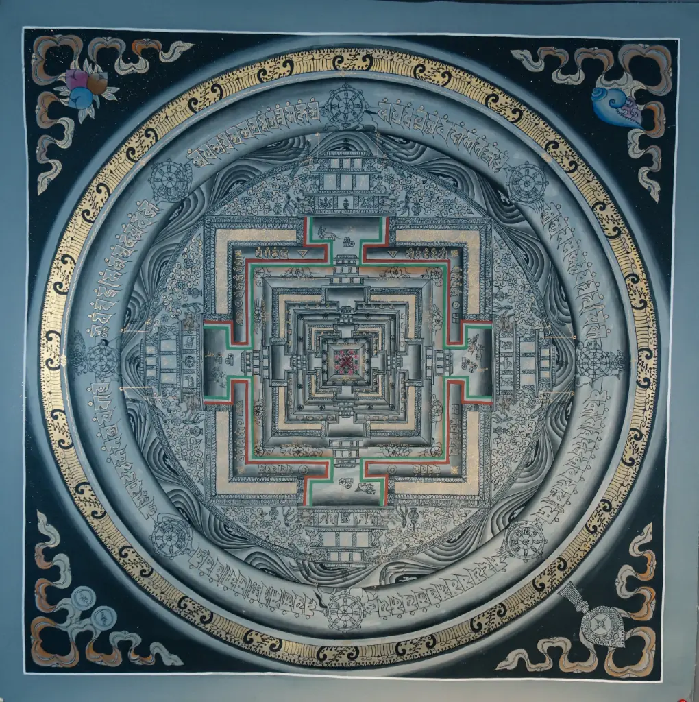 Grey Kalachakra Mandala Thangka — Sacred Palace of Time on Black Ground 