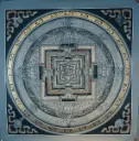 Grey Kalachakra Mandala Thangka — Sacred Palace of Time on Black Ground 