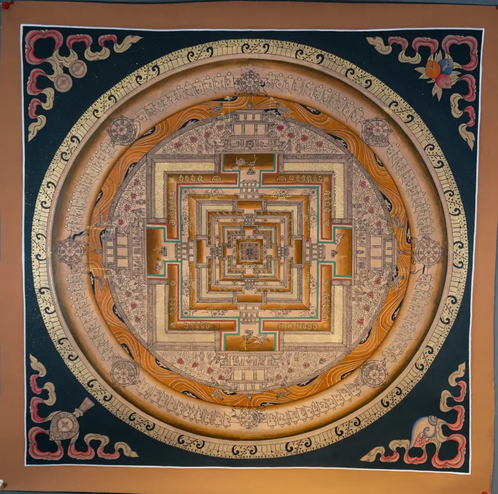 Brown Kalachakra Mandala Thangka — Sacred Palace of Time on Black Ground