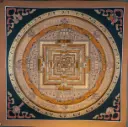 Brown Kalachakra Mandala Thangka — Sacred Palace of Time on Black Ground