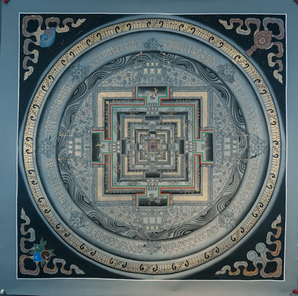 Grey Kalachakra Mandala Thangka — Sacred Palace of Time on Black Ground