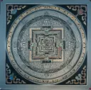 Grey Kalachakra Mandala Thangka — Sacred Palace of Time on Black Ground