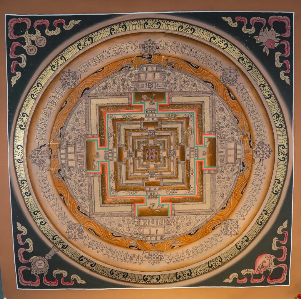 Brown Kalachakra Mandala Thangka — Sacred Palace of Time on Black Ground 