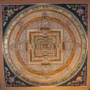 Brown Kalachakra Mandala Thangka — Sacred Palace of Time on Black Ground 