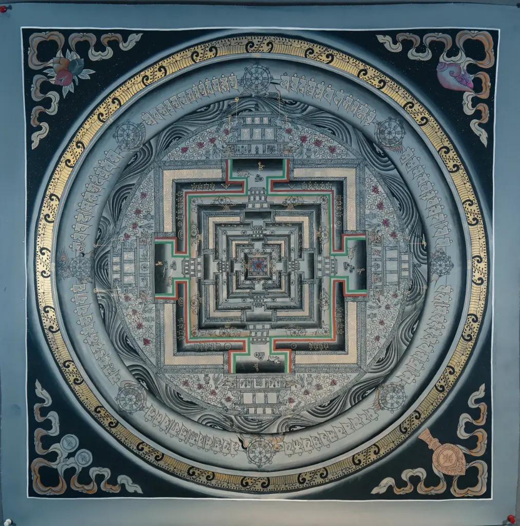 Grey Kalachakra Mandala Thangka — Sacred Palace of Time on Black Ground 