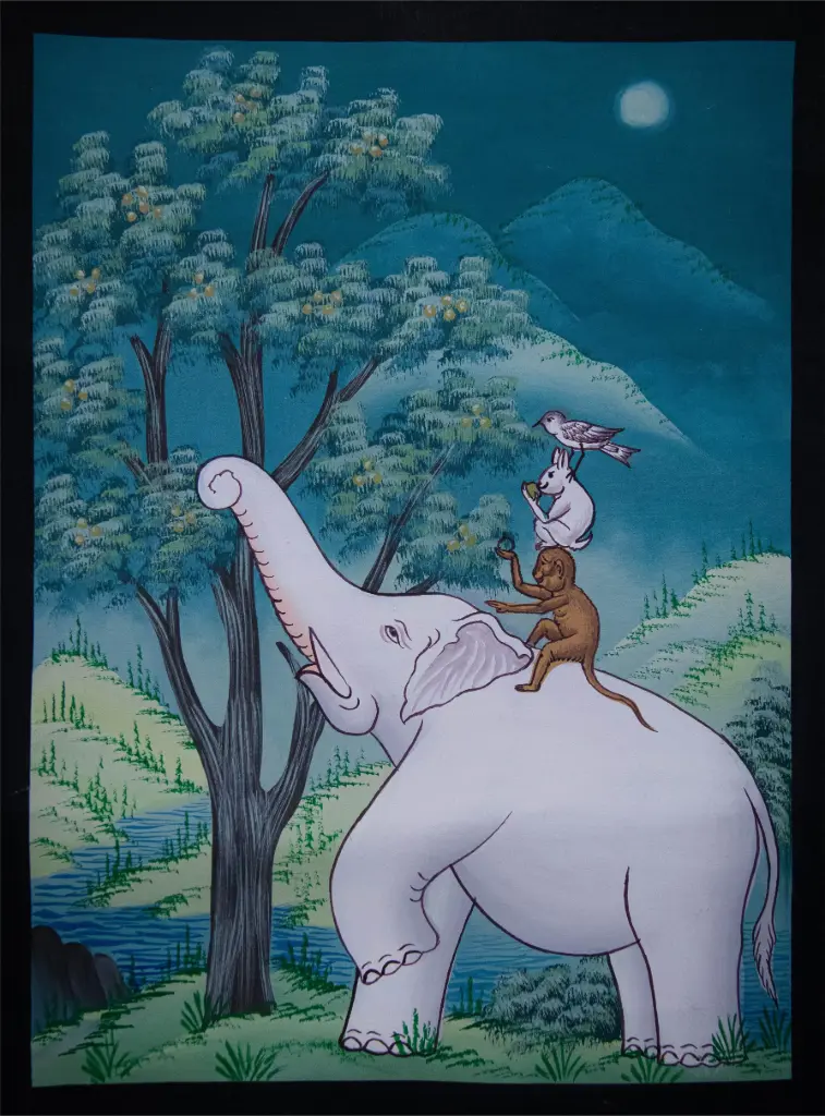 Four Harmonious Friends Thangka (Thunpa Punzhi)