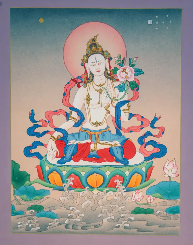 White Tara Thangka – Karma Gadri Serenity – Seven‑Eyed Healing Grace
