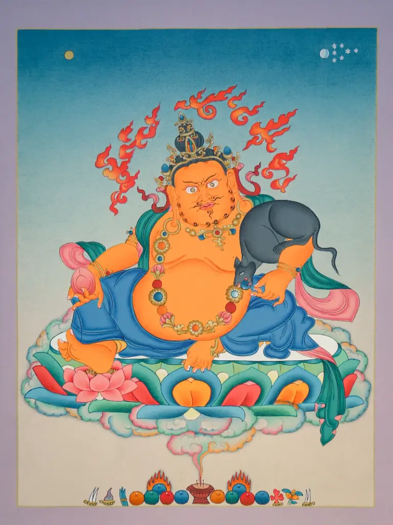 Yellow Jambhala Thangka – Karma Gadri Mini Painting – Prosperity Rooted in Generosity 