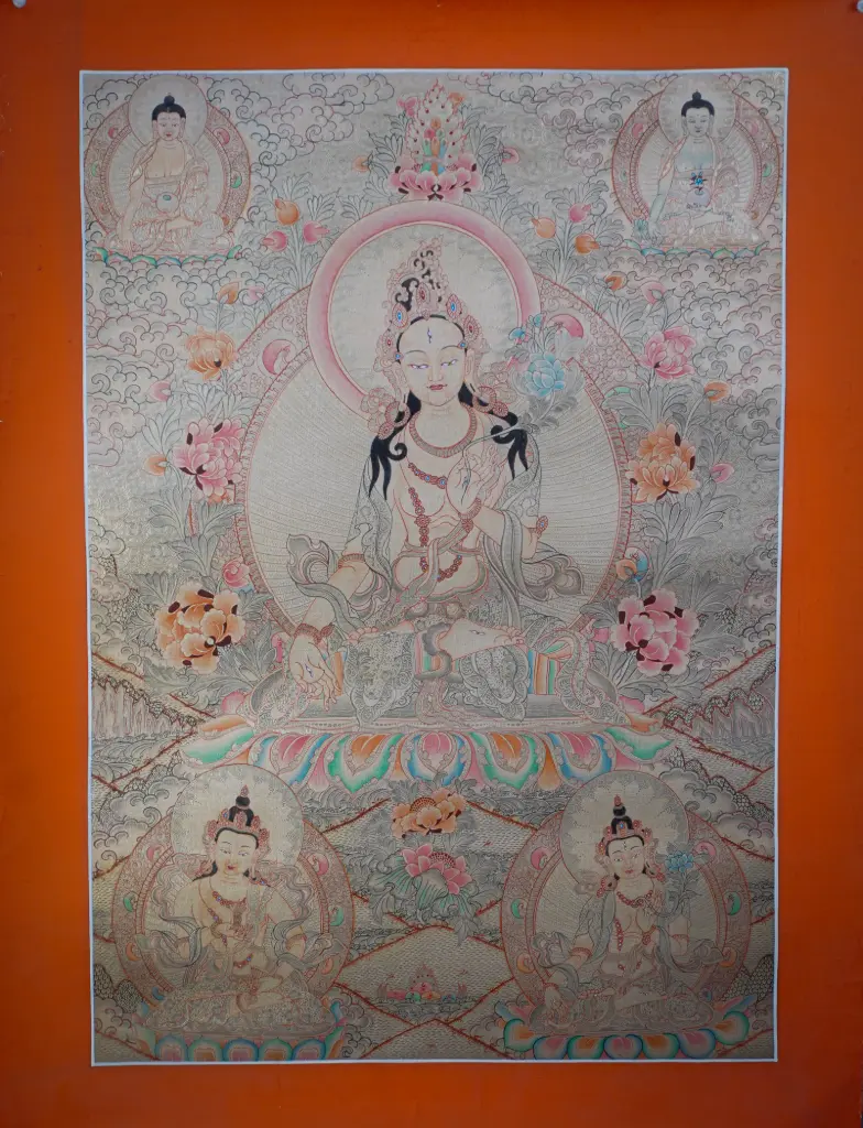White Tara Thangka (Radiant Silver Menri Masterpiece)