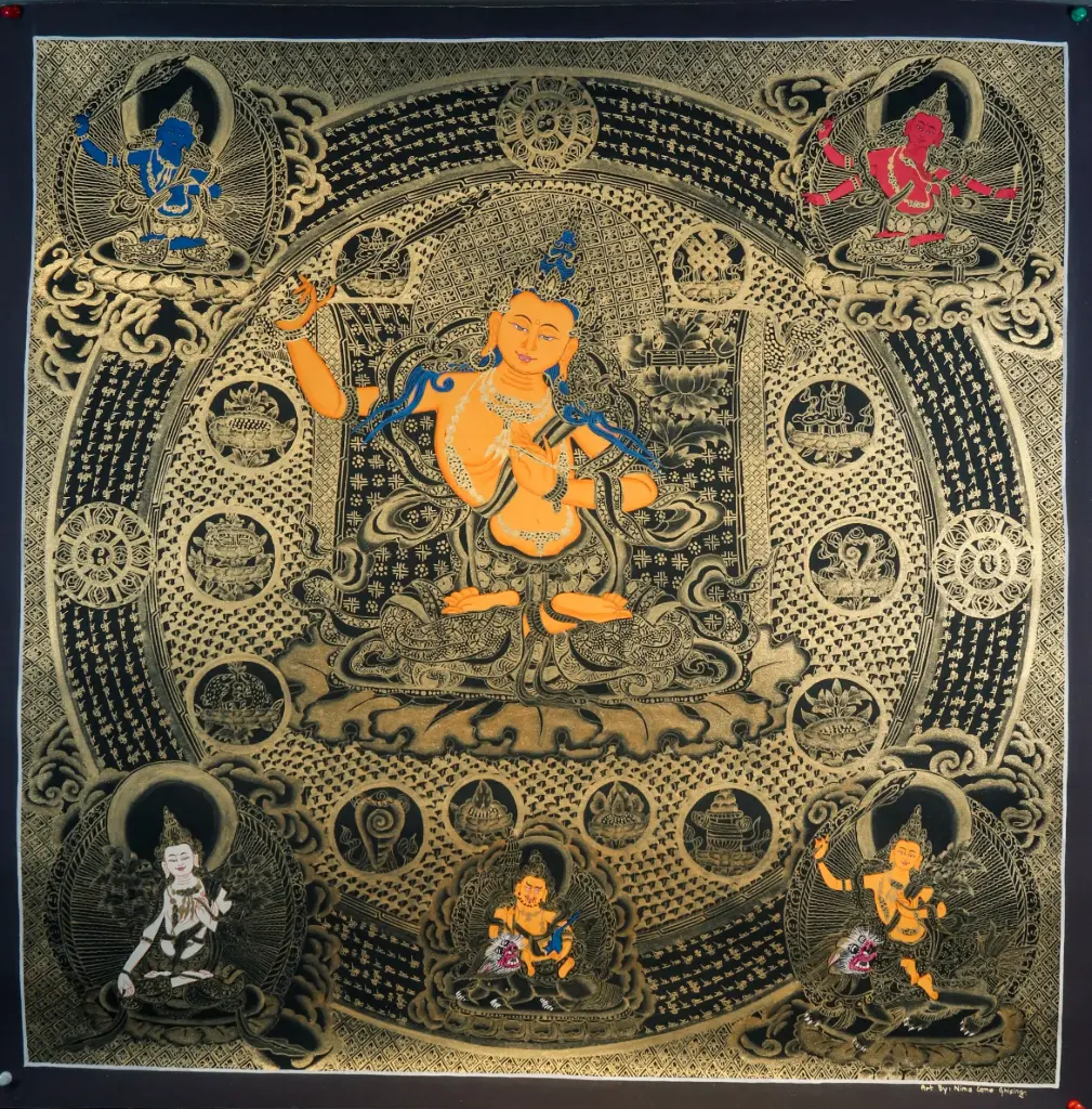Five Manjushri Mandala Thangka — The Golden Palace of Pure Wisdom
