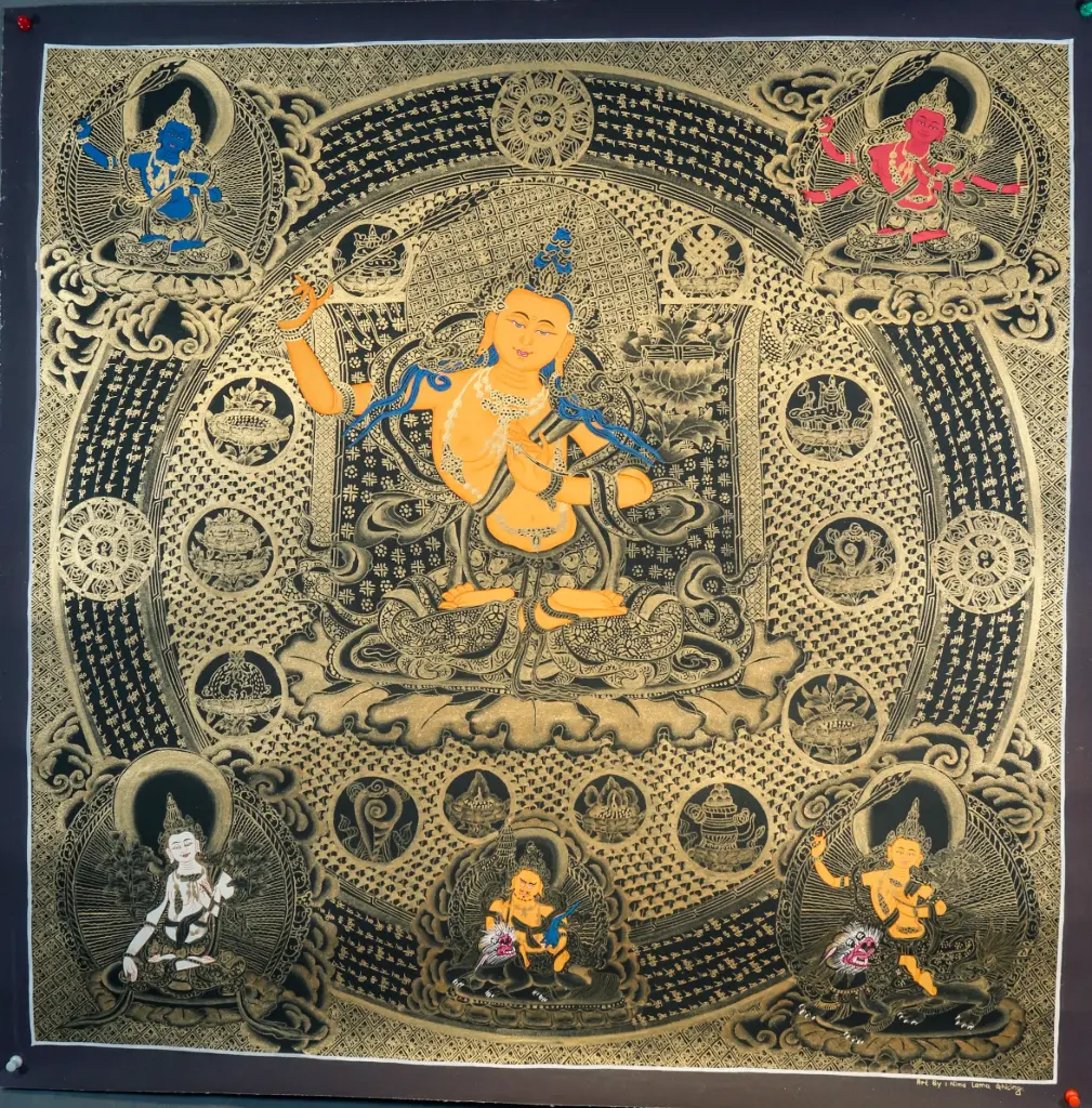 Five Manjushri Mandala Thangka — The Golden Palace of Pure Wisdom