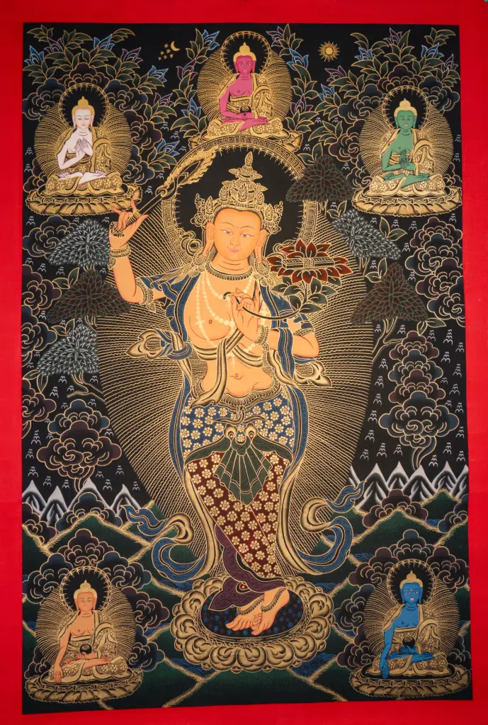 Standing Manjushri Thangka – Golden Nagthang – Menri Style