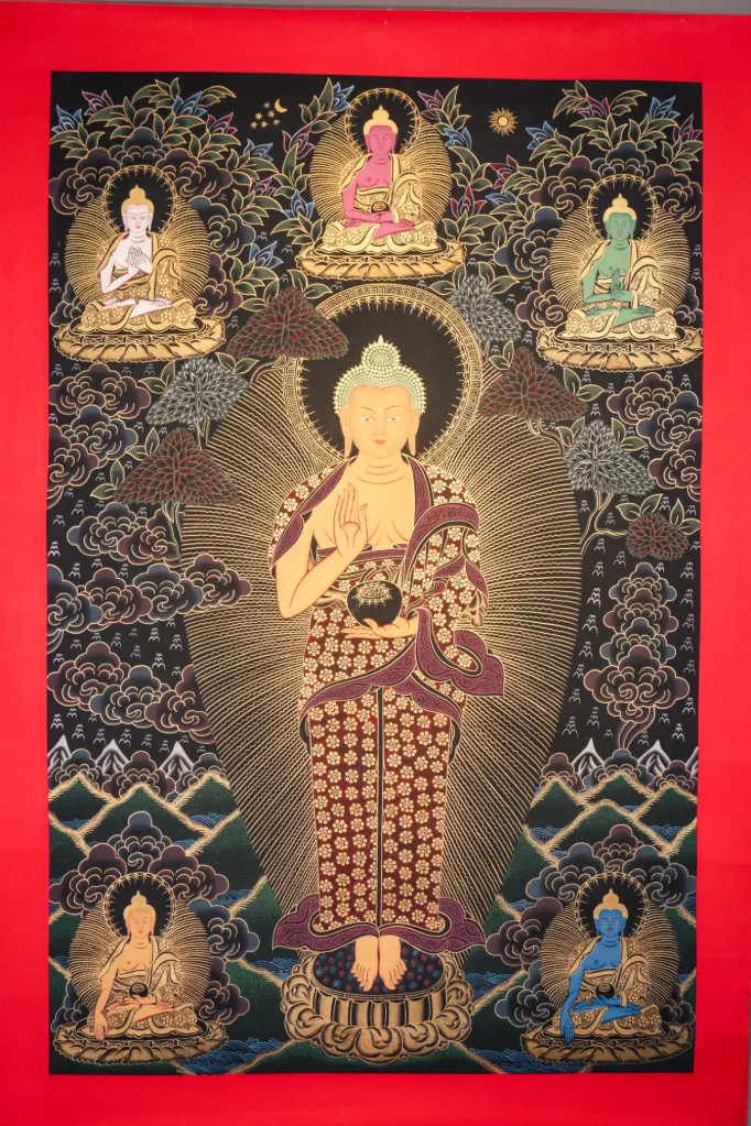 Standing Shakyamuni Buddha Thangka – Golden Nagthang – Menri Style