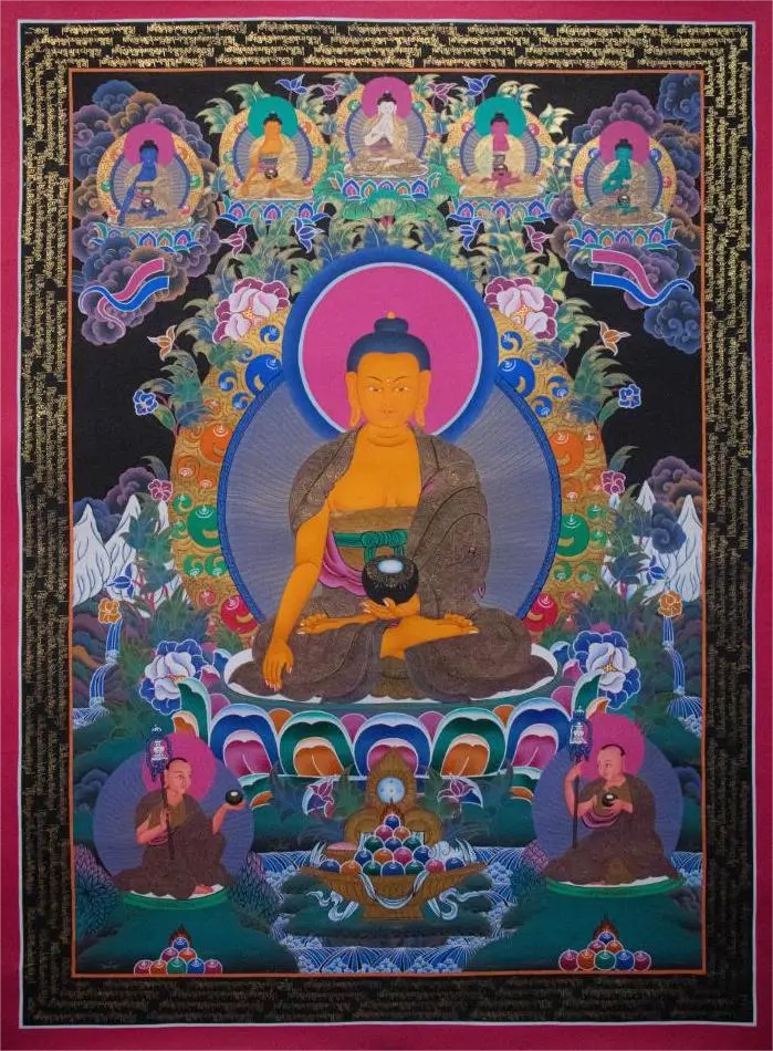 Shakyamuni Buddha Thangka (Consecrated Nagthang Masterpiece with Five Dhyani Buddha)
