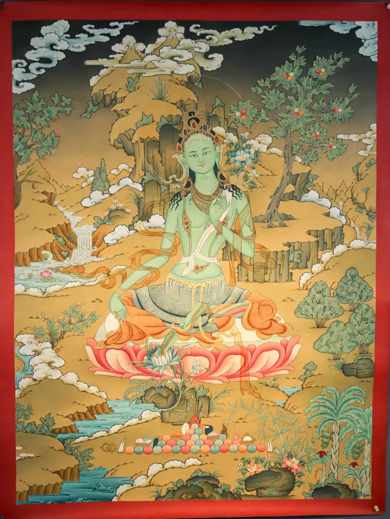 Green Tara Thangka – Karma Gadri Landscape – Sanctuary of Swift Peace