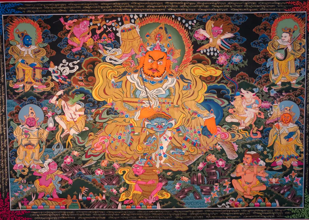 Vaisravana (Namtse) Thangka – Golden Nagthang – Menri Style 