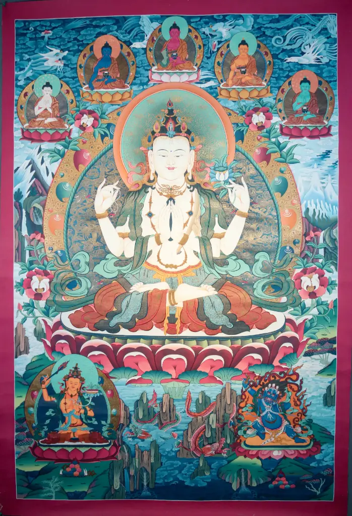 Grand Avalokiteshvara Thangka – Rigsum Gonpo Assembly – The Sanctuary of Compassion