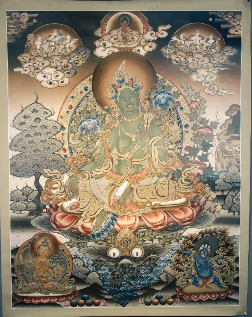 Green Tara Night Scene Thangka – Trinity of Wisdom & Power