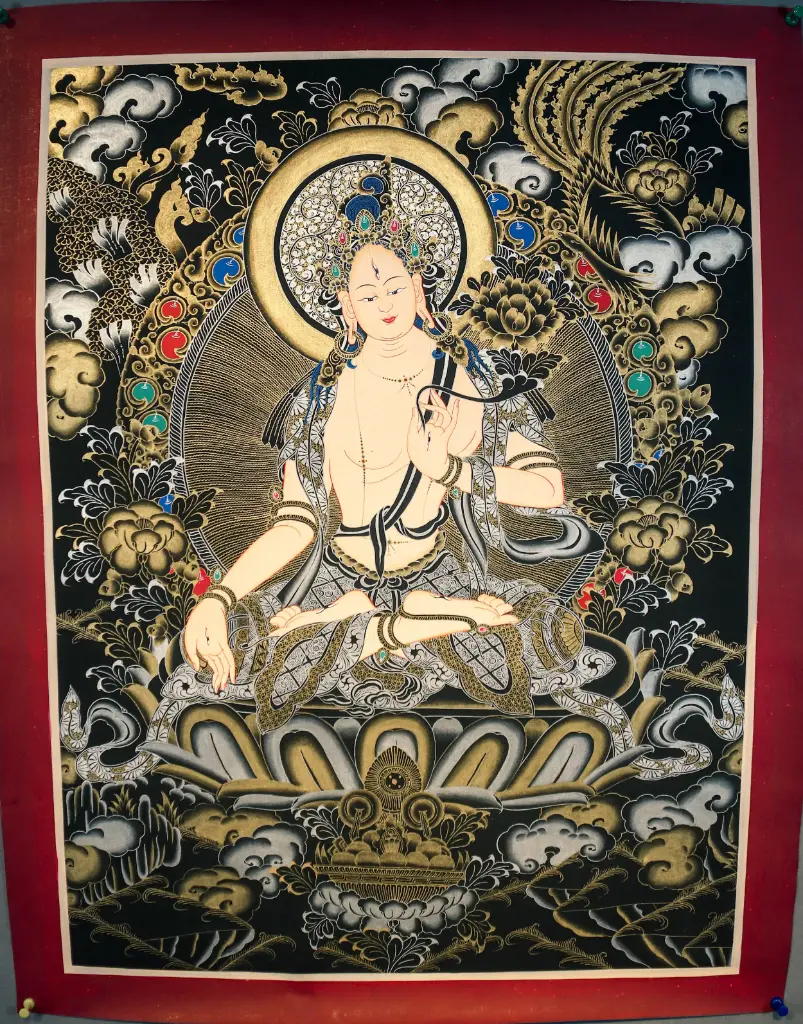 Consecrated White Tara Thangka – Nagthang Gold & Silver – Goddess of Long Life