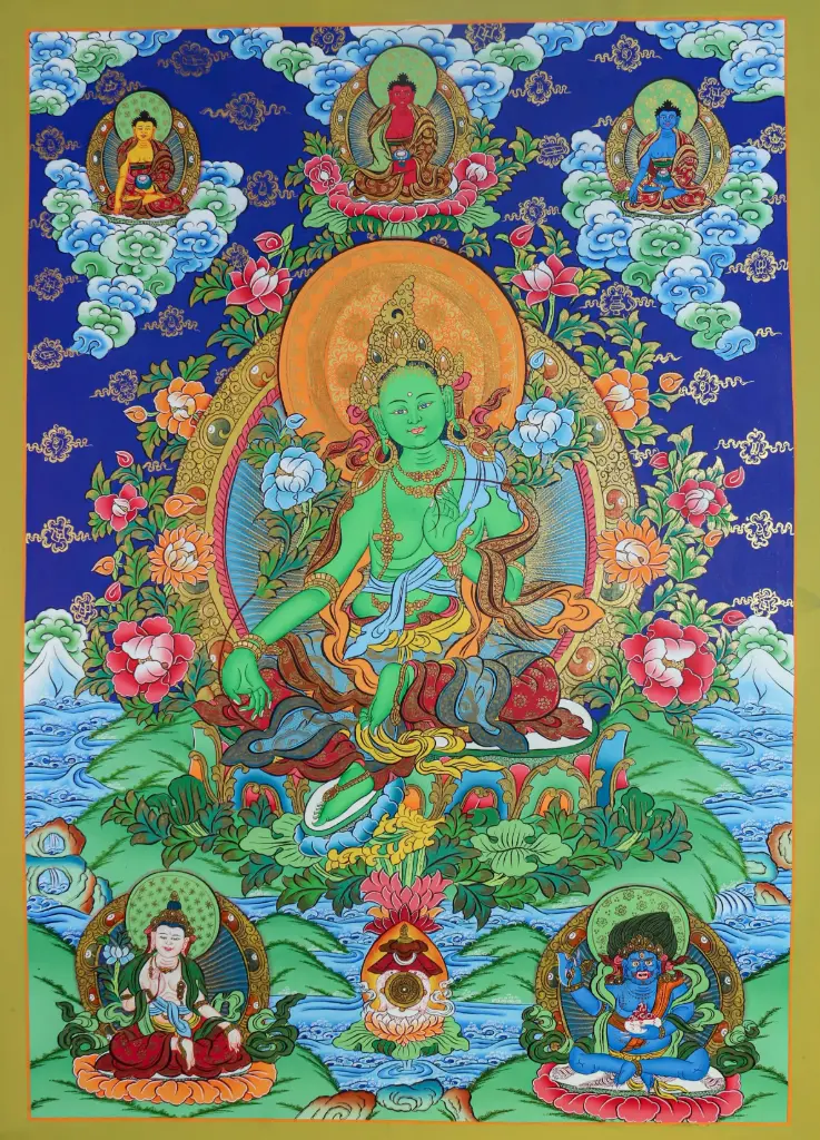 Green Tara Thangka – Floral Throne Assembly