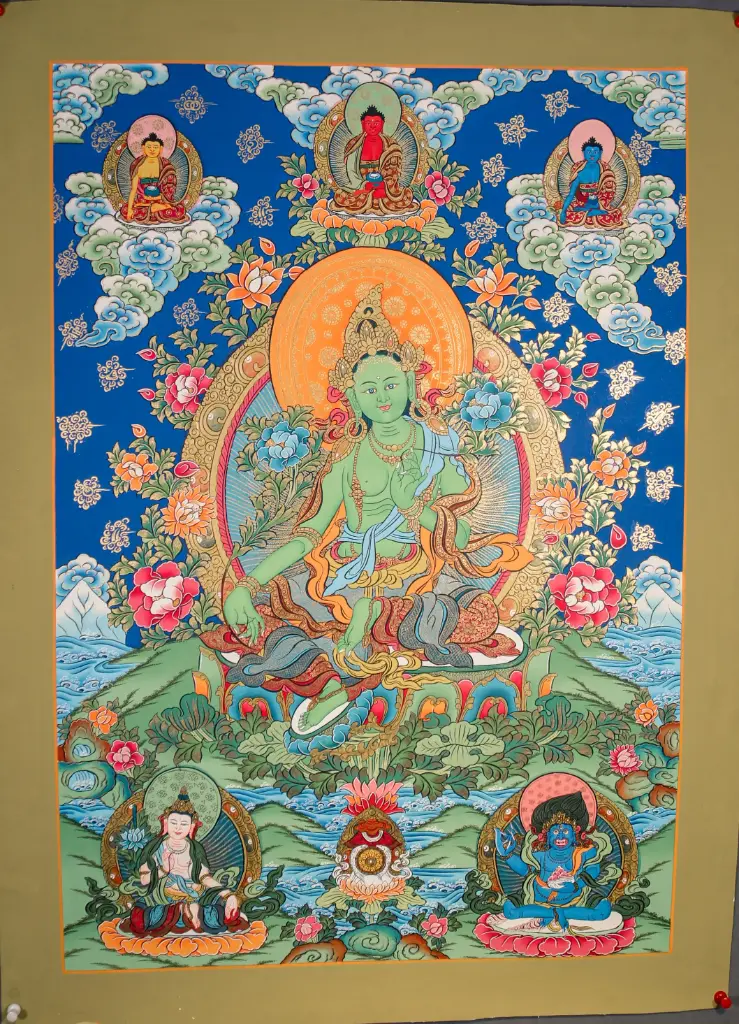 Green Tara Thangka – Floral Throne Assembly