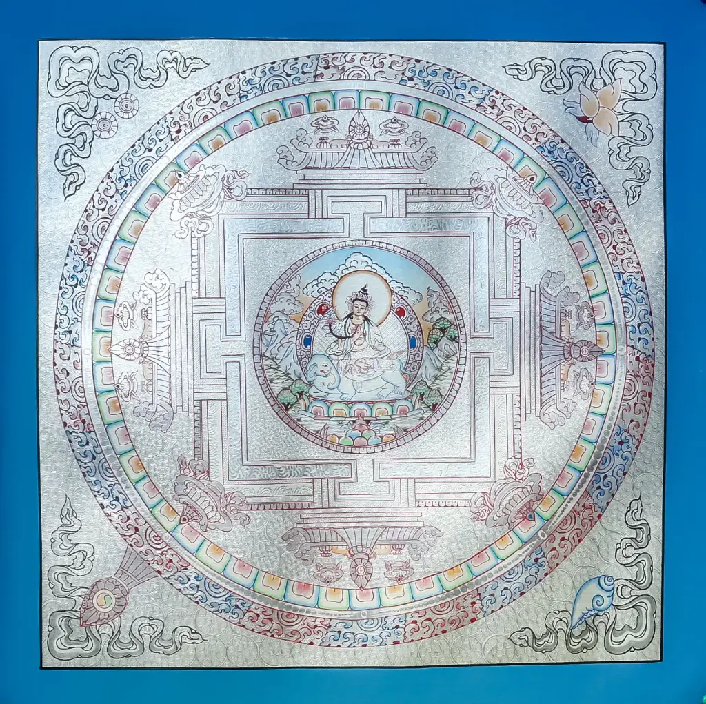 Samantabhadra Bodhisattva Silver Mandala Thangka — Path of Virtue