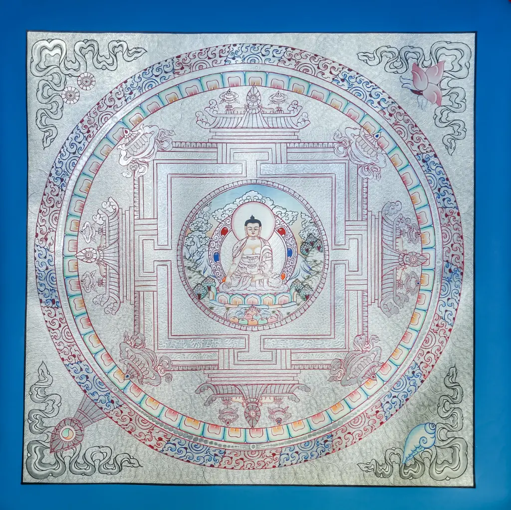 Shakyamuni Buddha Silver Mandala Thangka — Sacred Awakening