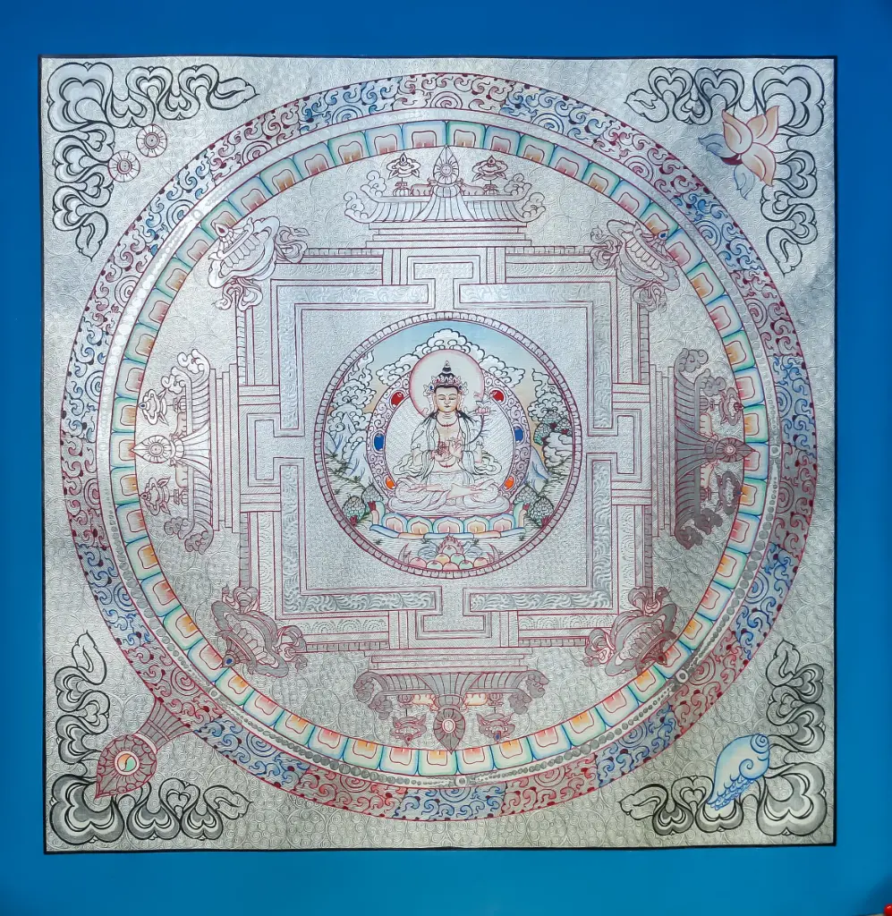 Silver Palace Mandala Thangka — Sacred Palace of Mahasthamaprapta
