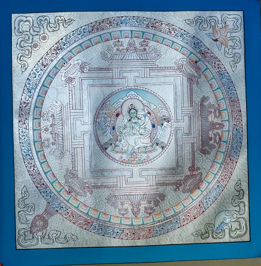 Green Tara Silver Mandala Thangka — Sacred Compassion