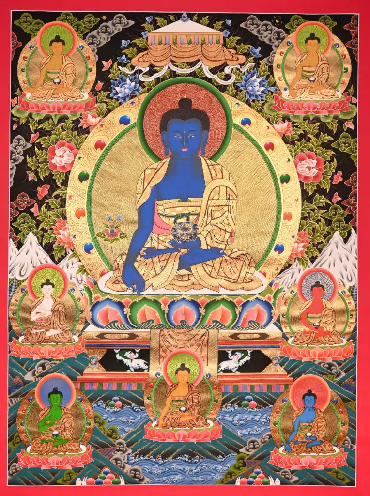 Medicine Buddha Thangka – Sacred Eight Buddhas Assembly – History and Healing Lineage