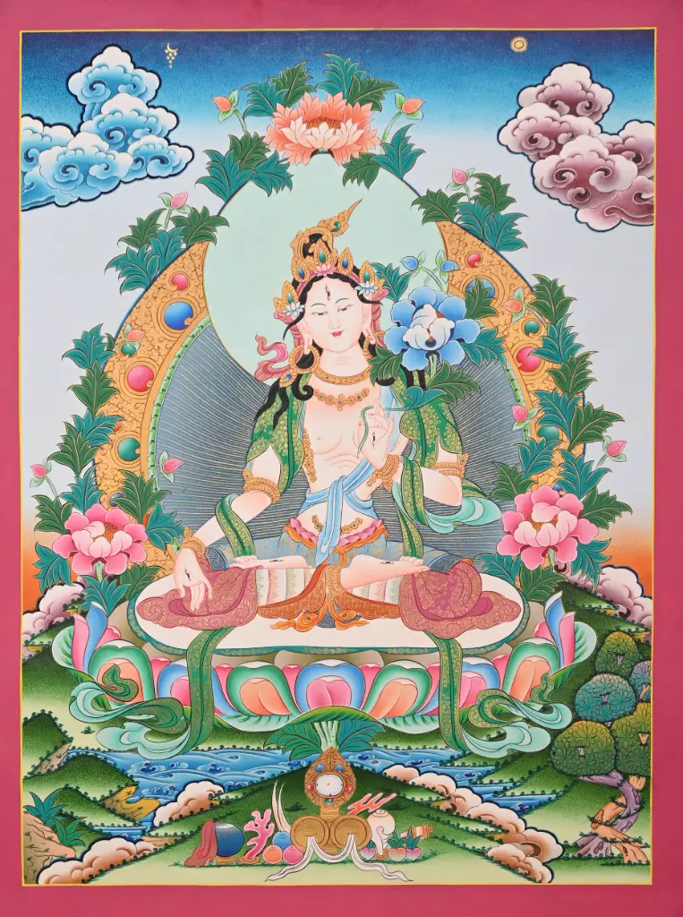 White Tara Thangka – Naturalistic Landscape – Menri Style