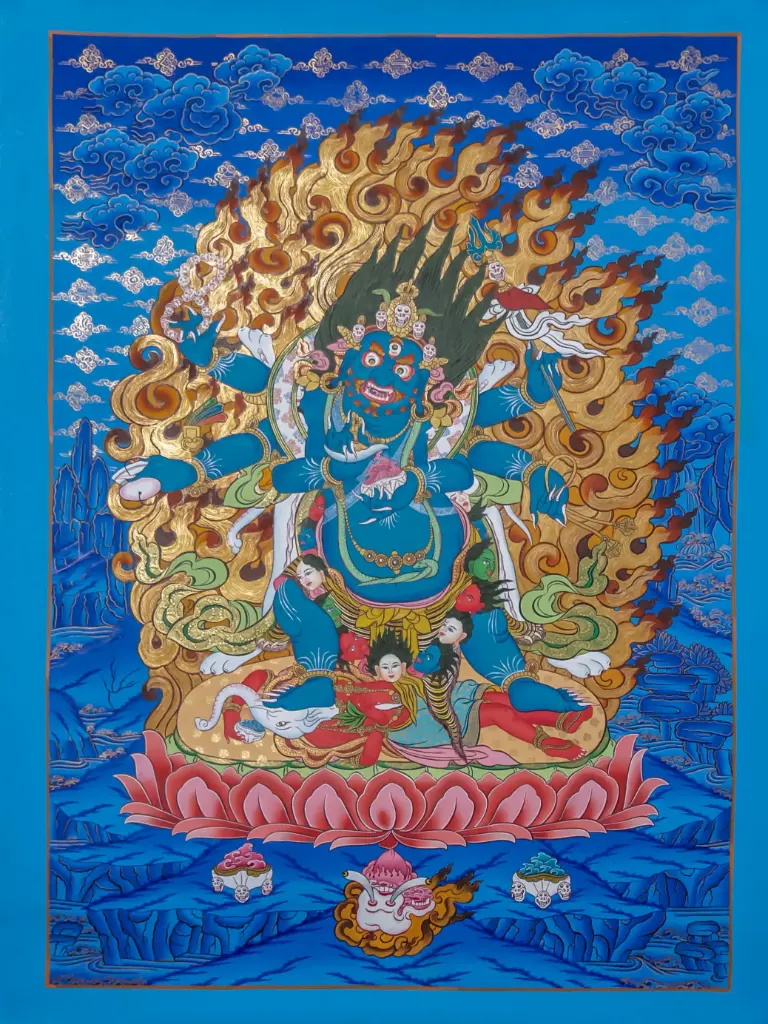 Six-Armed Mahakala Thangka – Blue Sky with Golden Symbols – Fierce Protection