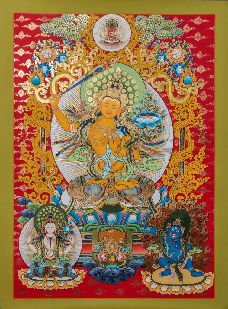Aparachana Manjushri Thangka – Red Ground Lineage