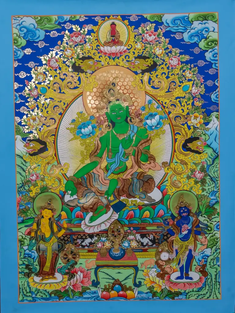 Green Tara Thangka – Lion Throne Assembly 