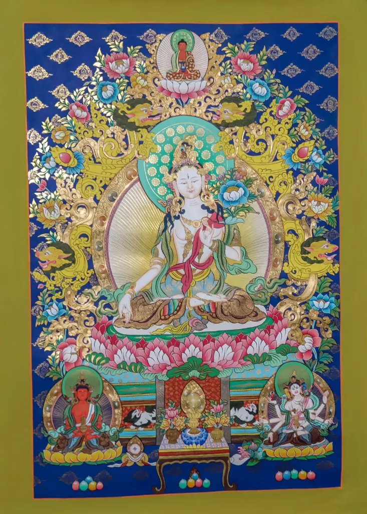 White Tara Thangka Painting – Floral Throne – Long Life Blessing