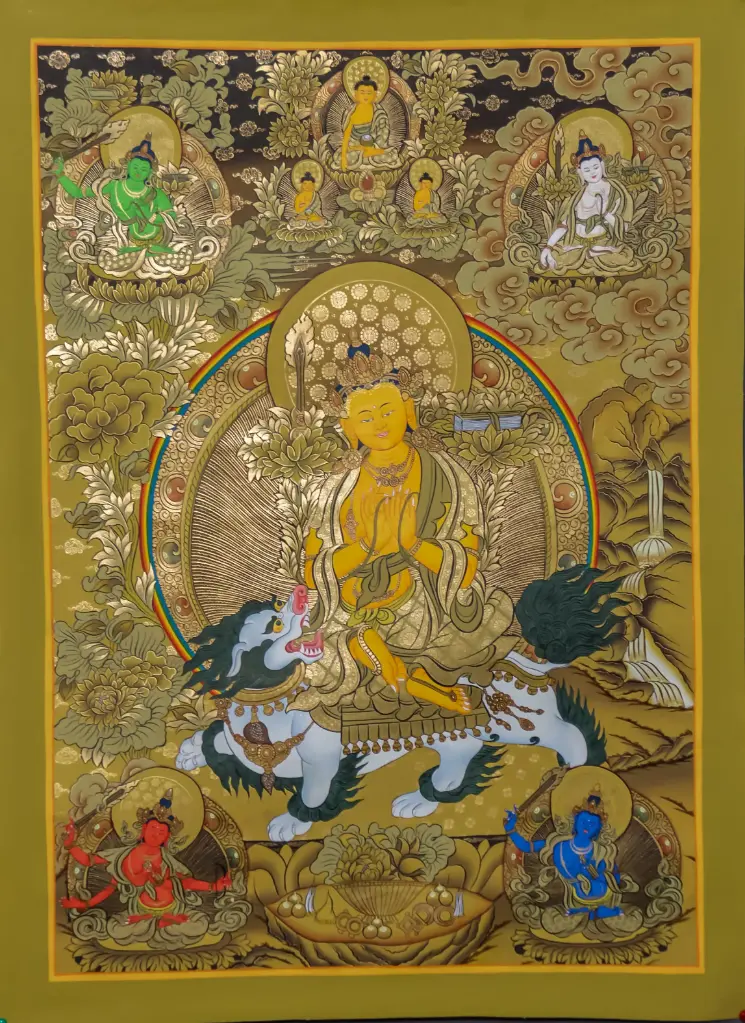 Manjushri Thangka – White Snow Lion Rider – Menri Style Nepal