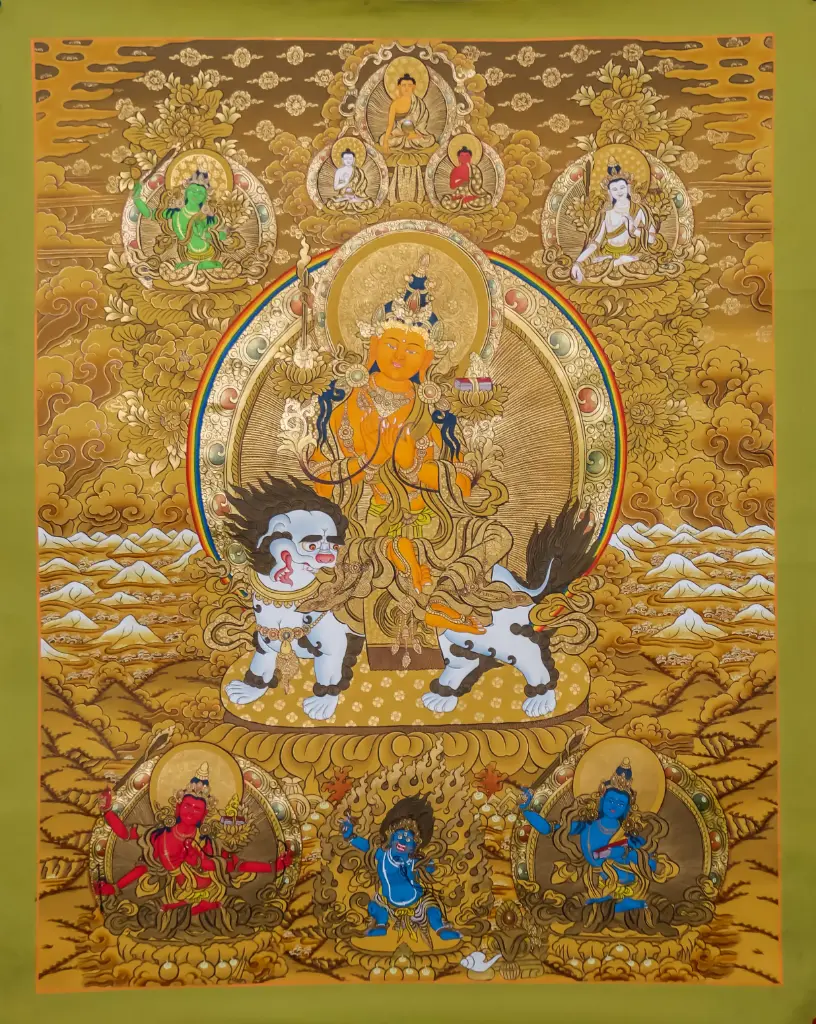 Manjushri (Mañjughoṣa) Thangka – White Lion Rider