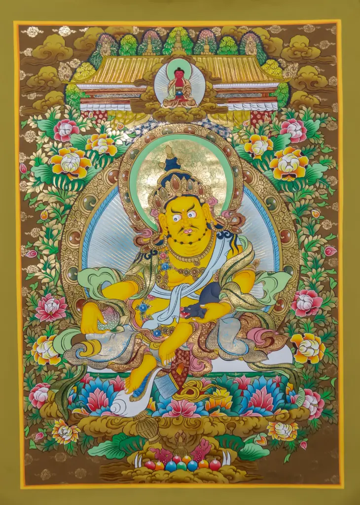 Yellow Jambhala Thangka – Amitabha Blessing Above – Wealth Guided by Compassion