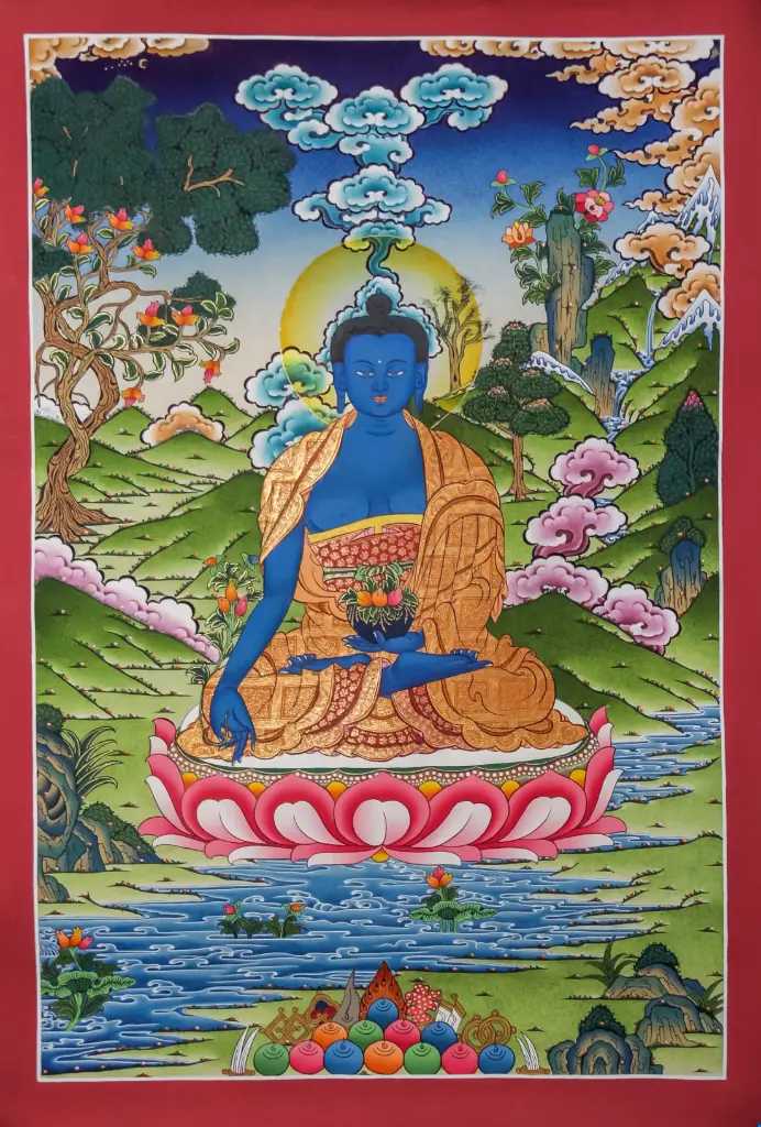 Medicine Buddha Thangka – 24K Gold Detail – Radiance of Lapis Light